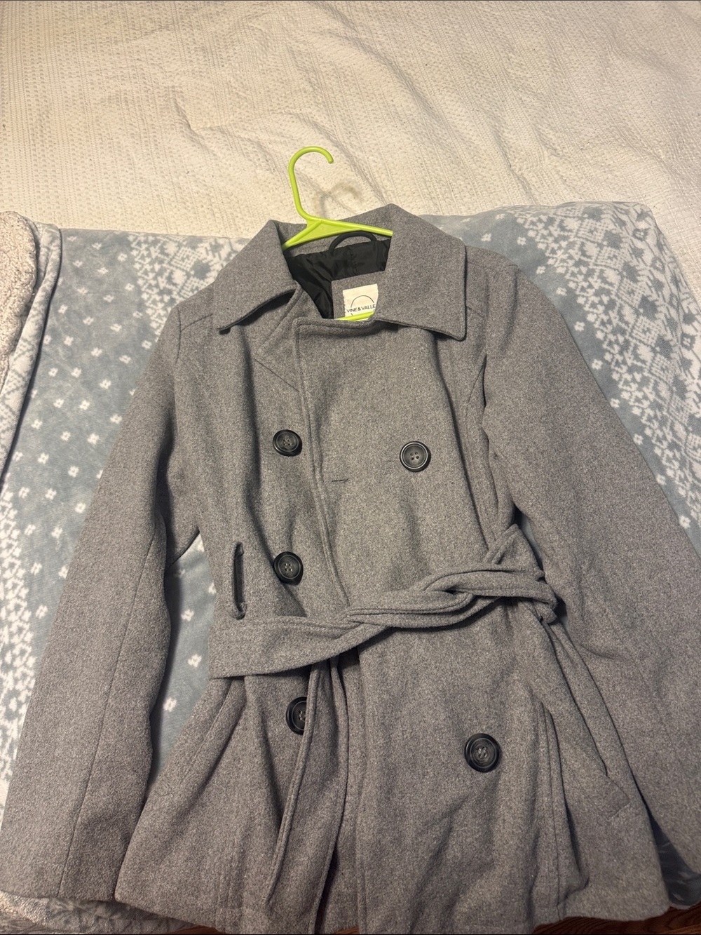 Vine & Valley Gray Double-Breasted Wool-Blend Pea Coat with Belt